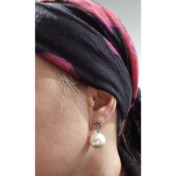 Fendi Gun Metal Rhinestone Pearl Logo Earrings - Picture 6 of 6